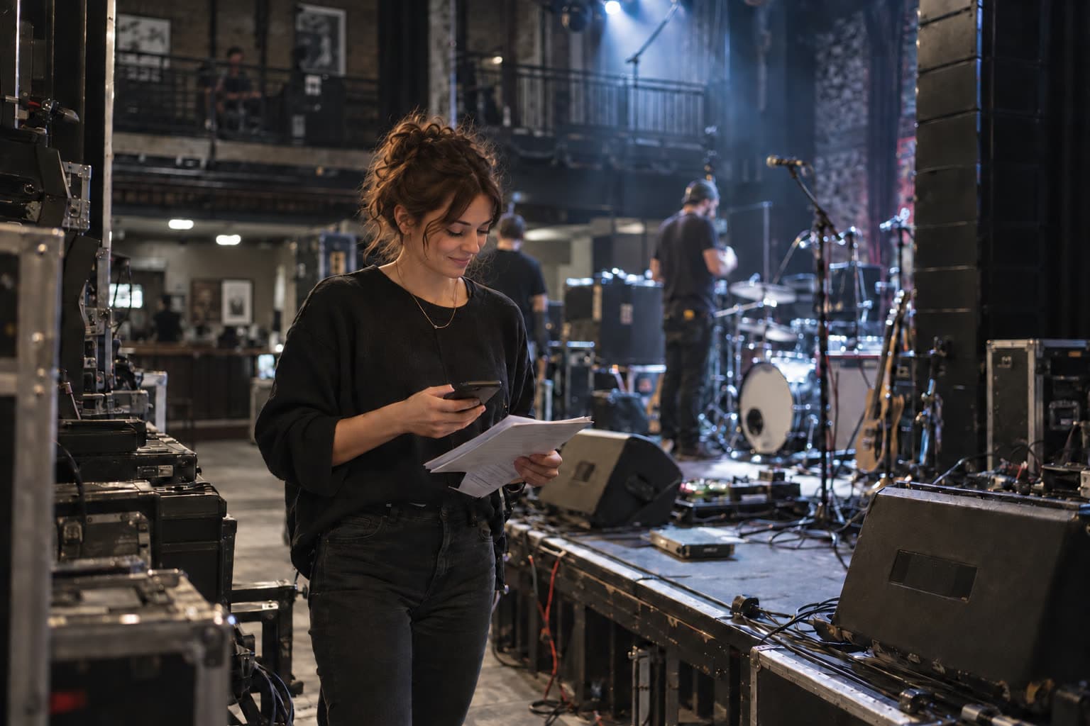 A venue manager smiling at her phone during sound check